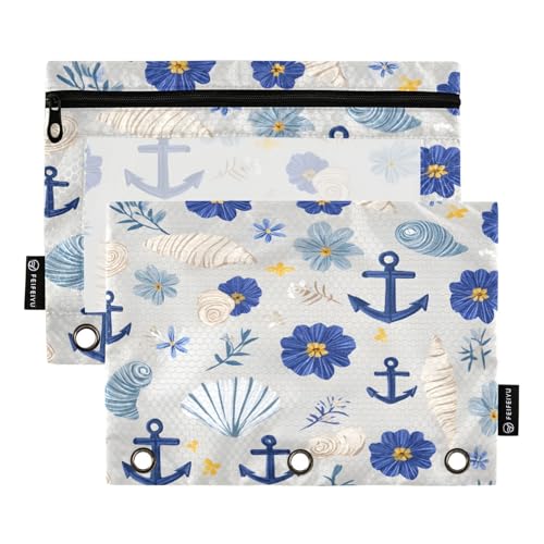 Mnsruu Anchor Federmäppchen mit Blumenmuster, für 3-Ringbücher mit Reißverschluss, 2 Stück, Federmäppchen mit transparentem Fenster, Kosmetiktasche für Büro, Uni, Büro, Mehrfarbig, Einheitsgröße von Mnsruu