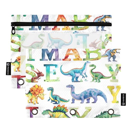 Mnsruu Aquarell-Dinosaurier-Federmäppchen für 3-Ringordner, 2 Stück Binder-Federmäppchen mit Reißverschluss, transparentes Fenster, Reißverschluss, Federmäppchen für Bürobedarf, Mehrfarbig von Mnsruu