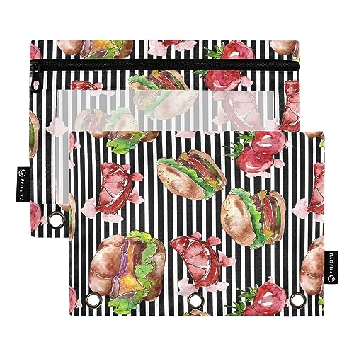 Mnsruu Aquarell-Hamburger auf Streifen, 3-Ring-Bleistiftbeutel mit Reißverschluss, transparentes Fenster, Schreibwarentasche zur Aufbewahrung von Schul- und Bürobedarf, 2 Stück, mehrfarbig, von Mnsruu