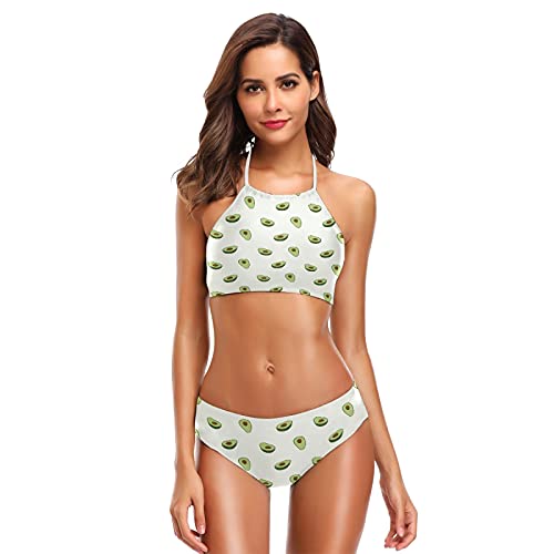 Mnsruu Avocado Fruit Green Damen Neckholder Bikini Bademode High Waist Gepolstert 2 Stück, mehrfarbig, S / M von Mnsruu