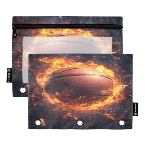 Mnsruu Basketball-Feuer-Federmäppchen für 3-Ringbuch, 2 Stück Binder-Federmäppchen mit Reißverschluss, transparentes Fenster, Reißverschluss, Federmäppchen für Bürobedarf, Mehrfarbig, Einheitsgröße von Mnsruu