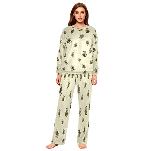 Mnsruu Biene Cartoon, stilvolles Flanell-Pyjama-Set für Damen, 2-teilig, langärmelig, Nachtwäsche, Lounge-Sets, mehrfarbig, 36 von Mnsruu