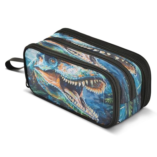 Mnsruu Blaues Tyrannosaurus Rex Dinosaurier-Federmäppchen, großes Fassungsvermögen, Stiftetasche, 3 Fächer, große Stiftebox für Jungen und Mädchen, Schule, Aufbewahrungs-Organizer von Mnsruu