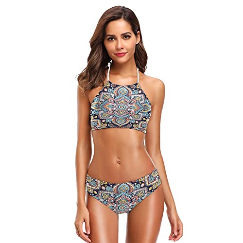 Mnsruu Boho Mandala Ethno Floral Damen Halfter Bikini Bademode Hohe Taille Gepolstert 2 Stück, mehrfarbig, Large/X-Large von Mnsruu