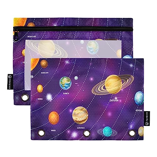 Mnsruu Bright Planets of Solar System Federmäppchen für 3-Ringbinder, 2 Stück Binder Federmäppchen mit Reißverschluss, durchsichtiges Fenster, Reißverschluss, Federmäppchen für Schule, Bürobedarf, von Mnsruu