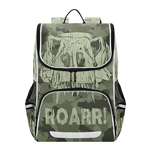 Mnsruu Camouflage Dinosaurier Kinder Rucksack Rucksack Tasche für Schule Mädchen & Jungen, niedliche Schultasche für Kinder, Kinder Büchertasche für Elementare mit reflektierenden Streifen, A02 von Mnsruu