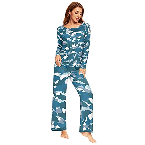 Mnsruu Camouflage-Haifisch-Pyjama-Set für Damen, 2-teilig, langärmelig, Nachtwäsche, Lounge-Sets, mehrfarbig, 46 von Mnsruu