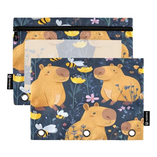 Mnsruu Capybara Federmäppchen mit Blumen-Bienenmuster, für 3-Ringbücher mit Reißverschluss, 2 Stück, Federmäppchen mit transparentem Fenster, Kosmetik-Bleistifttasche für Büro, Uni, Büro, Mehrfarbig von Mnsruu