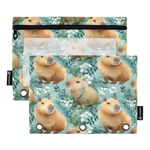 Mnsruu Capybara Federmäppchen mit Blumenblättern, für 3-Ringbücher mit Reißverschluss, 2 Stück, Federmäppchen mit transparentem Fenster, Kosmetiktasche für Büro, Uni, Büro, Mehrfarbig, Einheitsgröße von Mnsruu