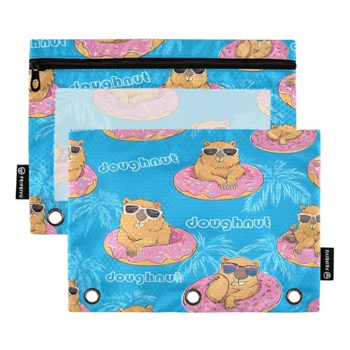 Mnsruu Capybara Federmäppchen mit Schwimmkreismuster, für 3-Ringbücher mit Reißverschluss, 2 Stück, Federmäppchen mit transparentem Fenster, Kosmetiktasche für Büro, Uni, Büro, Mehrfarbig von Mnsruu