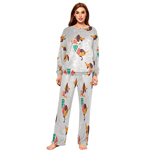 Mnsruu Cartoon Dackel Hund Weihnachten Retro Flanell Pyjama Set für Frauen 2-teilig Langarm Nachtwäsche Lounge-Sets, mehrfarbig, 46 von Mnsruu