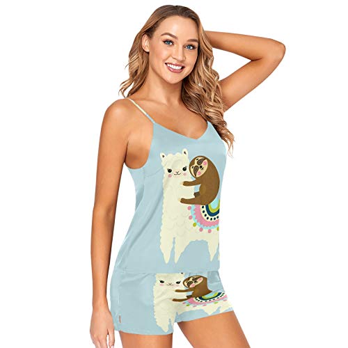 Mnsruu Cartoon-Llama-Alpaka-Faultier-Pyjama-Short-Set für Damen, Schlaf-Dessous, Satin-Nachtwäsche Gr. 36, mehrfarbig von Mnsruu