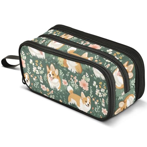 Mnsruu Corgi Federmäppchen mit Hundemotiv und Frühlingsblumen, großes Fassungsvermögen, Federmäppchen mit 3 Fächern, Stifthalter, Organizer, Schreibwaren-Tasche, B480, Kinderrucksack von Mnsruu