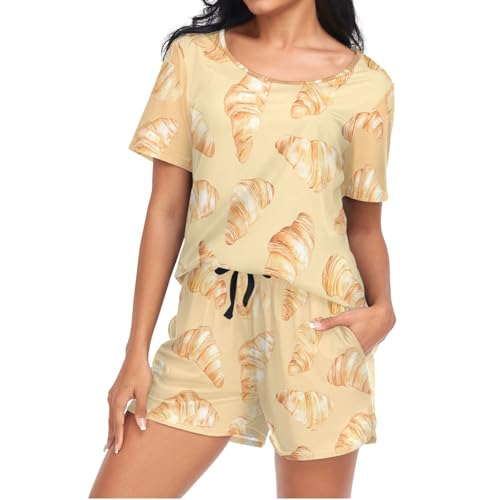 Mnsruu Croissant Damen-Pyjama-Set, kurzärmelig, Loungewear mit Tasche, Größe S, G1069, S von Mnsruu
