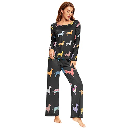 Mnsruu Pyjama-Set für Damen, Motiv: Dackel, schwarz, 2-teilig, langärmelig, Nachtwäsche, Lounge-Sets, mehrfarbig, 38 von Mnsruu