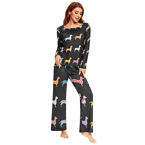 Mnsruu Dackel Welpe Hund Schwarz Pyjama Set für Frauen 2 Stück Langarm Nachtwäsche Lounge Sets, mehrfarbig, 42 von Mnsruu