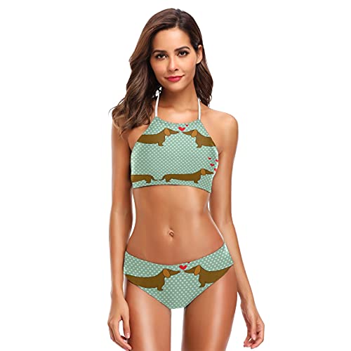 Mnsruu Damen Bikini, gepunktet, Dackel, Grün, 2-teilig Gr. Large/X-Large, mehrfarbig von Mnsruu