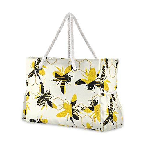 Mnsruu Damen-Handtasche mit Bienen-Motiv, große Schultertasche, Strandtasche, Baumwollseil-Griffe, Reise-Tragetasche für Frauen von Mnsruu