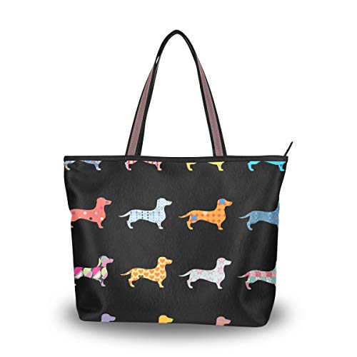 Mnsruu Damen-Handtasche mit Reißverschluss, große Oberseite, Schultertasche, lässig, Einkaufstasche, L (bunte Hunde, Dackel, schwarzes Muster), - multi - Größe: Large von Mnsruu