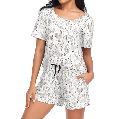 Mnsruu Damen-Pyjama-Set mit niedlichem Huhn-Motiv, kurzärmelig, Loungewear mit Tasche, Größe S, Weiß, F116, 36 von Mnsruu