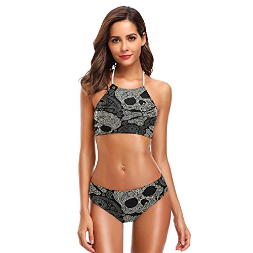 Mnsruu Day of The Dead Skull Paisely Damen Halfter Bikini Bademode Hohe Taille Gepolstert 2 Stück, mehrfarbig, XL/XXL von Mnsruu