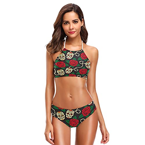 Mnsruu Day of the Dead Damen Bikini mit Totenkopf-Motiv, rote Rose, Blumenmuster, Bademode, hohe Taille, gepolstert, 2-teilig Gr. M/L, mehrfarbig von Mnsruu