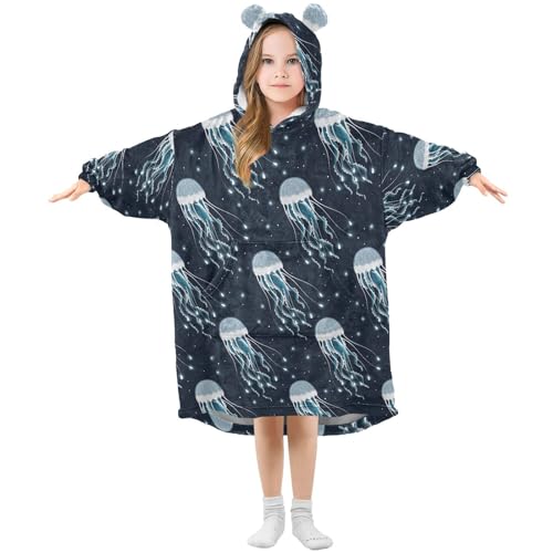Mnsruu Decke Hoodie für Kinder Glowing Jellyfish Oversized Warm Fleece Hoodie Blanket Wearable Sweatshirt Plush Girls Boys, Glühende Quallen, 11-14 Jahre von Mnsruu