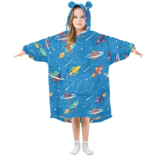 Mnsruu Decke Hoodie für Kinder Raketen Planeten Weltraum Blau Übergroße Warme Fleece Hoodie Decke Tragbares Sweatshirt Plüsch Mädchen Jungen, Raketen Planeten Weltraum Blau, 3-6 Jahre von Mnsruu