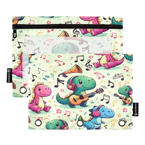 Mnsruu Dinosaurier-Federmäppchen mit nahtlosem Muster für Musik-Bleistifttasche für 3-Ringbuch, 2 Stück Binder-Bleistifttasche mit Reißverschluss, transparentes Fenster, Reißverschluss, Federmäppchen von Mnsruu