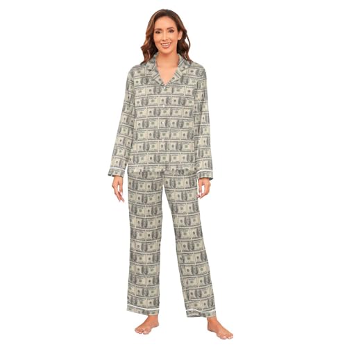 Mnsruu Dollar Money Retro Damen Satin Pyjama Set Langarm Button Down Nachtwäsche, mehrfarbig, Small-Medium von Mnsruu