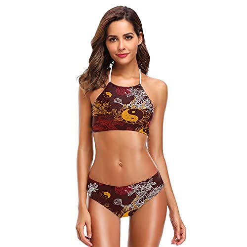 Mnsruu Dragon Yin Yang Damen Neckholder Bikini Bademode Hohe Taille Gepolstert 2 Stück, mehrfarbig, M/L von Mnsruu