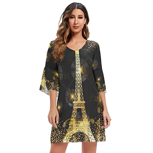 Mnsruu Eiffelturm Paris Starry Damen Casual Chiffon Minikleid 3/4 Ärmel V-Ausschnitt, mehrfarbig, S-M von Mnsruu
