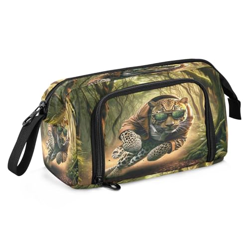 Mnsruu Ein Leopard mit Sonnenbrille und Abenteueranzug wird durch den Wald geschleudert, großes Fassungsvermögen, Federmäppchen, Federmäppchen, Schreibwaren, Büro, Organizer-Tasche für Jungen und von Mnsruu