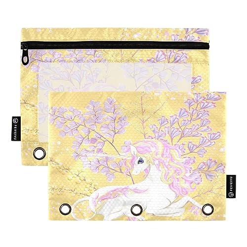 Mnsruu Einhorn Blumen Gelb 3 Ring Binder Bleistift Beutel mit Reißverschluss Klarfenster Schreibwaren Tasche für die Aufbewahrung von Schule Bürobedarf, 2 Stück, mehrfarbig, Einheitsgröße, Beauty Case von Mnsruu