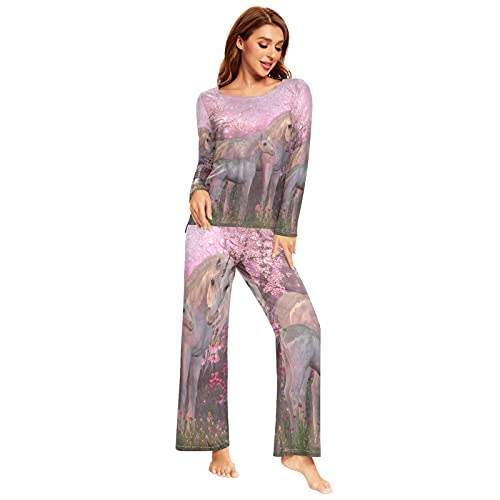 Mnsruu Einhorn-Pyjama-Set mit Kirschblüten/Wald, für Damen, 2-teilig, langärmelig, Nachtwäsche, Lounge-Sets, mehrfarbig, 48 von Mnsruu