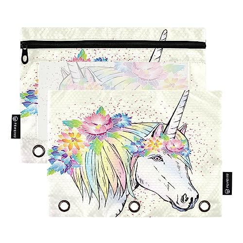 Mnsruu Einhorn mit Blumen, 3 Ringbuch-Bleistiftbeutel mit Reißverschluss, transparentes Fenster, Schreibwaren-Tasche zur Aufbewahrung von Schul- und Bürobedarf, 2 Stück, mehrfarbig, Einheitsgröße, von Mnsruu