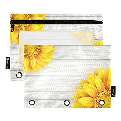 Mnsruu Federmäppchen aus Holz, Sonnenblumen, 3 Ringe, mit Reißverschluss, transparentes Fenster, Schreibwaren-Tasche zur Aufbewahrung von Schul- und Bürobedarf, 2 Stück, mehrfarbig, Einheitsgröße, von Mnsruu