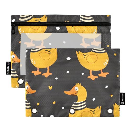 Mnsruu Federmäppchen für 3-Ringbuch, Cartoon-Ente, schwarz, Federmäppchen, Kosmetiktasche mit Reißverschluss, transparentes Fenster, für Büro, Reisen, Kosmetik, 2 Stück, Cartoon-Ente, schwarz, one von Mnsruu