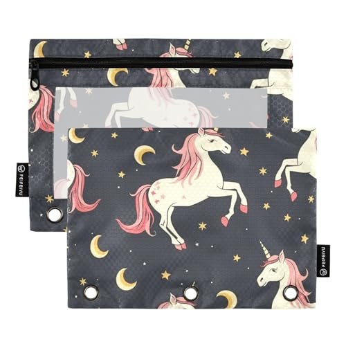 Mnsruu Federmäppchen für 3-Ringbuch, Einhorn-Mond-Schwarz, Federmäppchen, Kosmetiktasche mit Reißverschluss, transparentes Fenster, für Büro, Reisen, Kosmetik, 2 Stück, Unicorn Moon Black, one sizex2, von Mnsruu