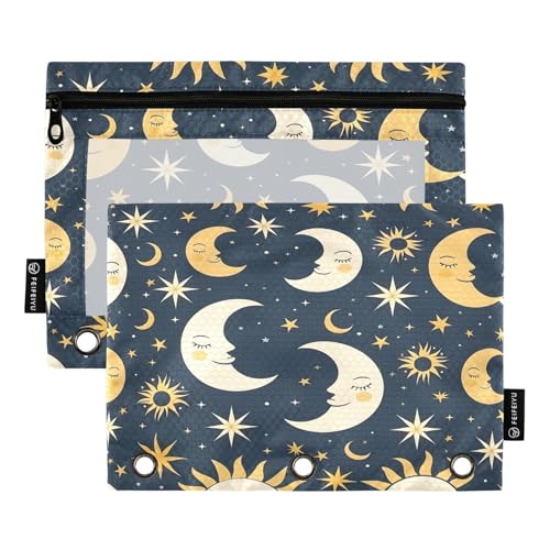 Mnsruu Federmäppchen für 3-Ringbuch, Motiv: Sonne, Mond und Stern, 2 Stück, mit Reißverschluss, transparentes Fenster, Reißverschluss, Federmäppchen für Bürobedarf, Mehrfarbig, Einheitsgröße von Mnsruu