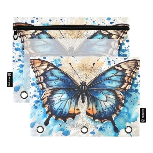 Mnsruu Federmäppchen für 3-Ringbuch, Schmetterlingsmotiv, Blau, 2 Stück, Federmäppchen mit Reißverschluss, transparentes Fenster, Reißverschluss, Federmäppchen für Bürobedarf, Mehrfarbig von Mnsruu