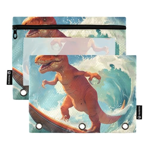 Mnsruu Federmäppchen für 3-Ringbuch, cooles Surf-Dinosaurier-Federmäppchen, Kosmetiktasche mit Reißverschluss, transparentes Fenster für Büro, Reisen, Kosmetik, 2 Stück, Cooler Surf-Dinosaurier, one von Mnsruu