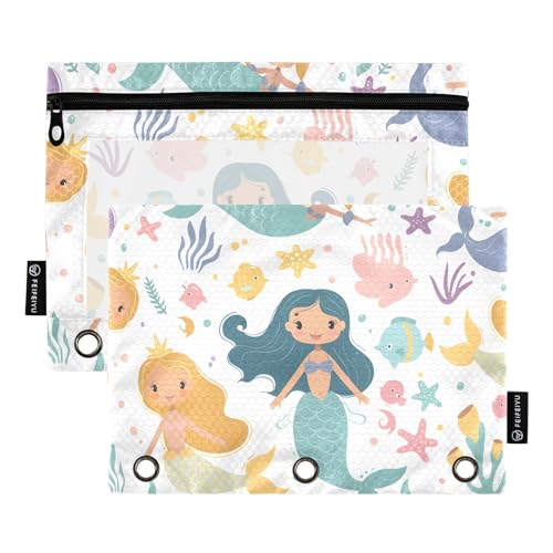 Mnsruu Federmäppchen für 3-Ringbuch, niedliche Meerjungfrauen, Seestern, Federmäppchen, Kosmetiktasche mit Reißverschluss, transparentes Fenster, für Büro, Reisen, Kosmetik, 2 Stück, Niedliche von Mnsruu