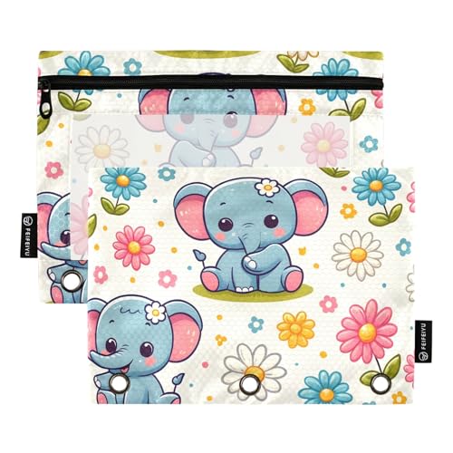 Mnsruu Federmäppchen für 3-Ringbuch, niedlicher Cartoon-Elefant, kleines Gänseblümchen, Federmäppchen, Kosmetiktasche mit Reißverschluss, transparentes Fenster, für Büro, Reisen, Kosmetik, 2 Stück, von Mnsruu