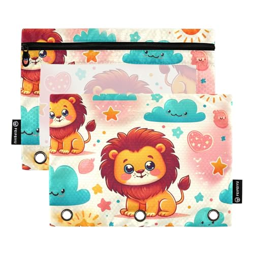 Mnsruu Federmäppchen für 3-Ringbuch, niedlicher Löwe, bunte Wolken, Sonne, Federmäppchen, Kosmetiktasche mit Reißverschluss, transparentes Fenster für Büro, Reisen, Kosmetik, 2 Stück, Niedlicher Löwe, von Mnsruu
