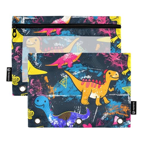 Mnsruu Federmäppchen für 3-Ringordner, bunte Dinosaurier, zum Erstellen eines lustigen Cartoon-Zeichnens, Federmäppchen, Kosmetiktasche mit Reißverschluss, transparentes Fenster für Büro, Reisen, von Mnsruu