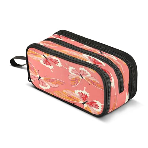 Mnsruu Federmäppchen mit 3 Fächern, Motiv: Schmetterlinge, Rosa, Korallenfarbe, großes Fassungsvermögen, für Jungen und Mädchen, mehrfarbig, Einheitsgröße, Taschen-Organizer von Mnsruu