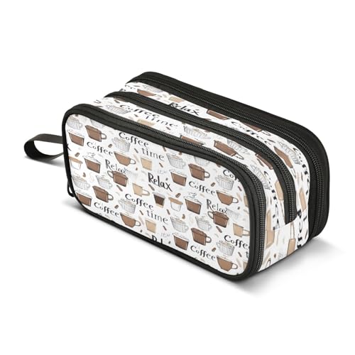 Mnsruu Federmäppchen mit 3 Fächern, für die Schule, tragbare Schreibwaren-Aufbewahrungstasche für Mädchen und Jungen, Kaffeetasse, Motiv: Relax Coffee Time, Einheitsgröße von Mnsruu