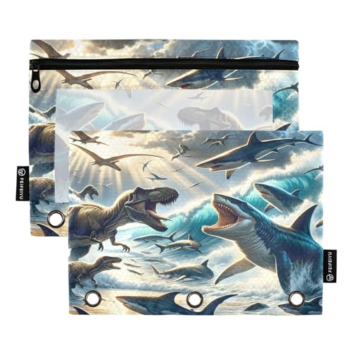Mnsruu Federmäppchen mit 3 Ringen, Motiv: Der Kampf zwischen Dinosauriern und Haien am Strand, 2 Stück Binder-Federmäppchen mit Reißverschluss, transparentes Fenster, Reißverschluss, Federmäppchen für von Mnsruu