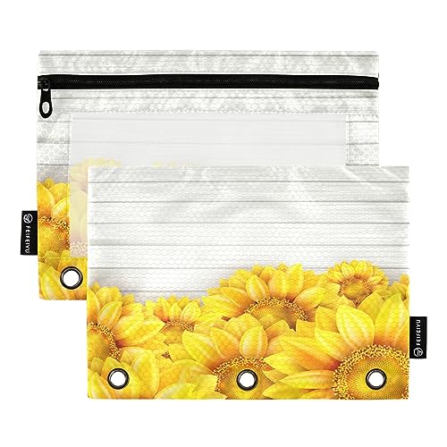 Mnsruu Federmäppchen mit 3 Ringen, Sonnenblumen auf Holzhintergrund, mit Reißverschluss, transparentes Fenster, Schreibwarentasche zur Aufbewahrung von Schul- und Bürobedarf, 2 Stück, mehrfarbig, von Mnsruu